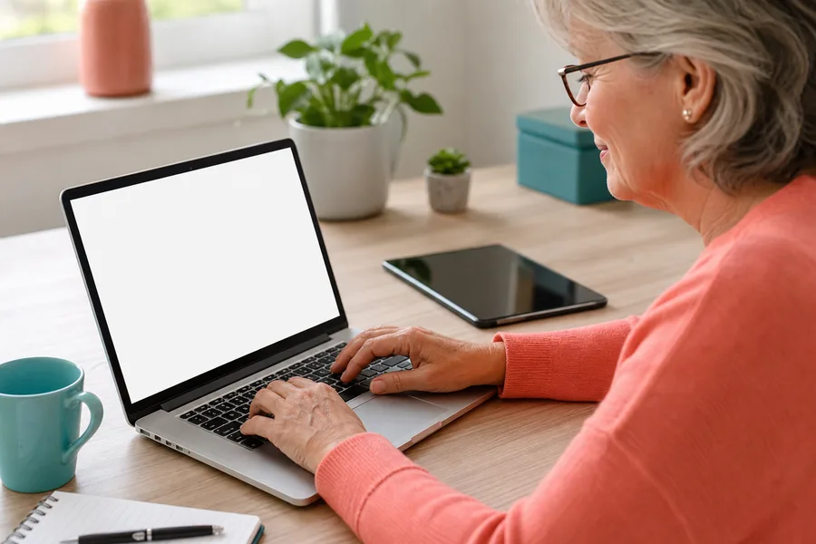 Adult beginner learning digital skills on a laptop at a tidy desk