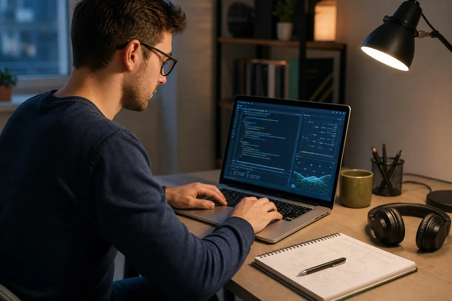 Adult learner practising IT and coding skills on a laptop