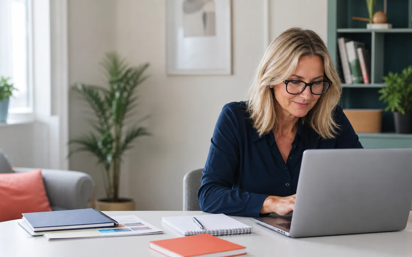 Adult learner studying an online course at a laptop in a calm UK home workspace